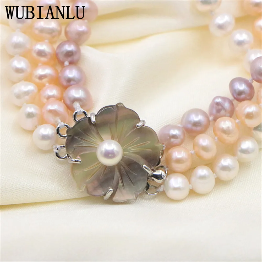 7-8mm 3 Rows Natural Freshwater Pearl Bracelet For Women In Charm Bracelets Girls Birthday Gift Party Clothing Collocation T268