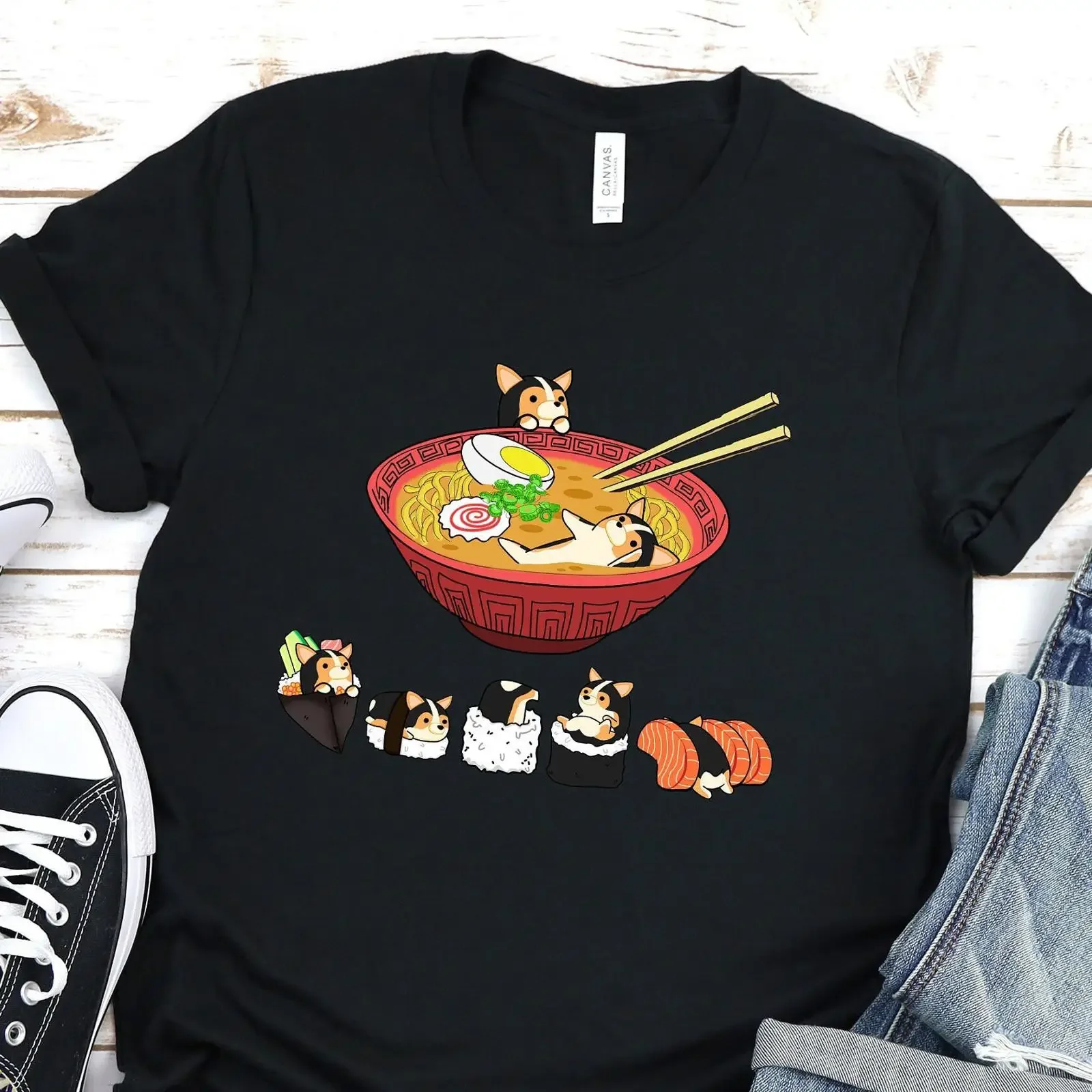 Funny Tricolor Welsh Corgi Ramen Sushi Kawaii 100 Cotton Casual T Shirt vintage Washed Stylish Top For Everyday Wear streetwear
