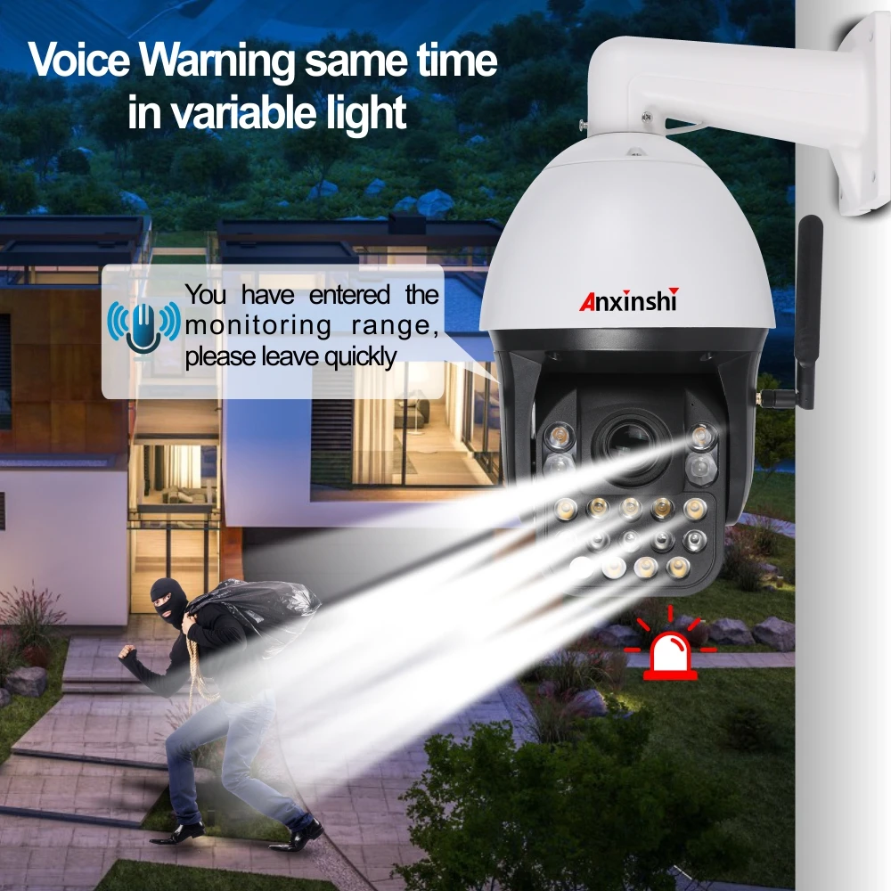 Anxinshi Factory  Price 4K Auto Human tracking  light and  Voice Warning  same time Wifi PTZ Camera