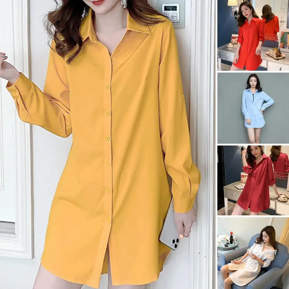 Women Button Up Mini Dress Women\'s Casual Shirt Dress Spring Autumn Mid-length Lapel Long Sleeve Single Breasted Solid Color