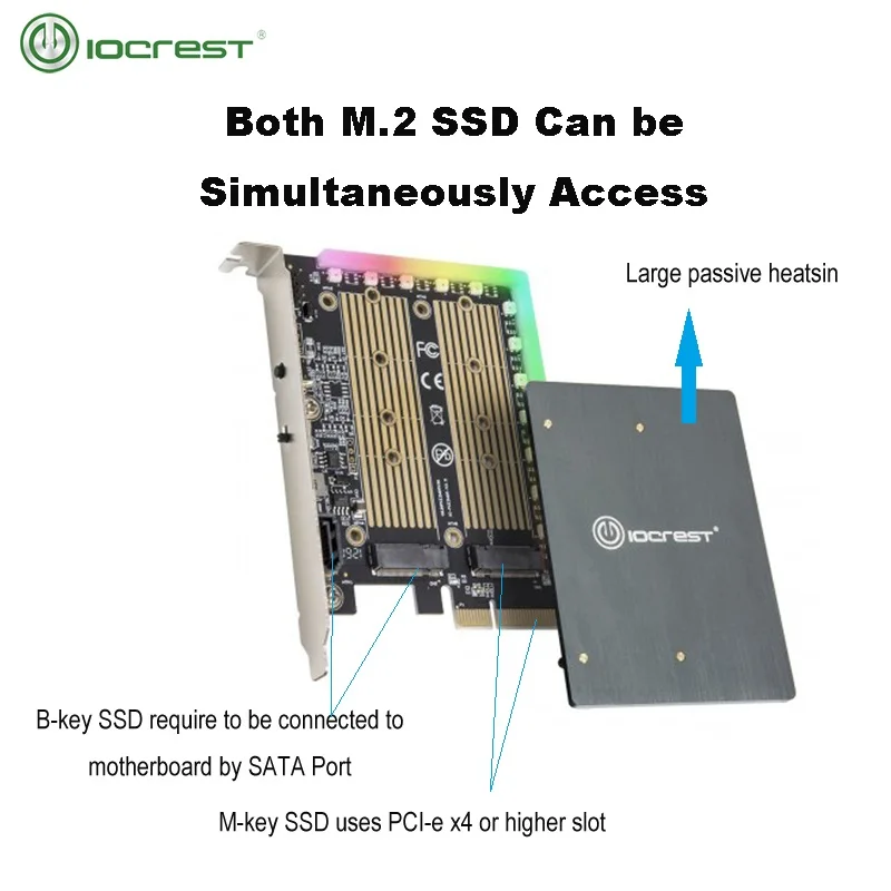 M.2 NVMe & SATA SSD RGB Adapter Card with Heatsink - High-Speed PCIe 3.0 x4, 5V ARGB LED Lights, Compatible with Windows, Mac