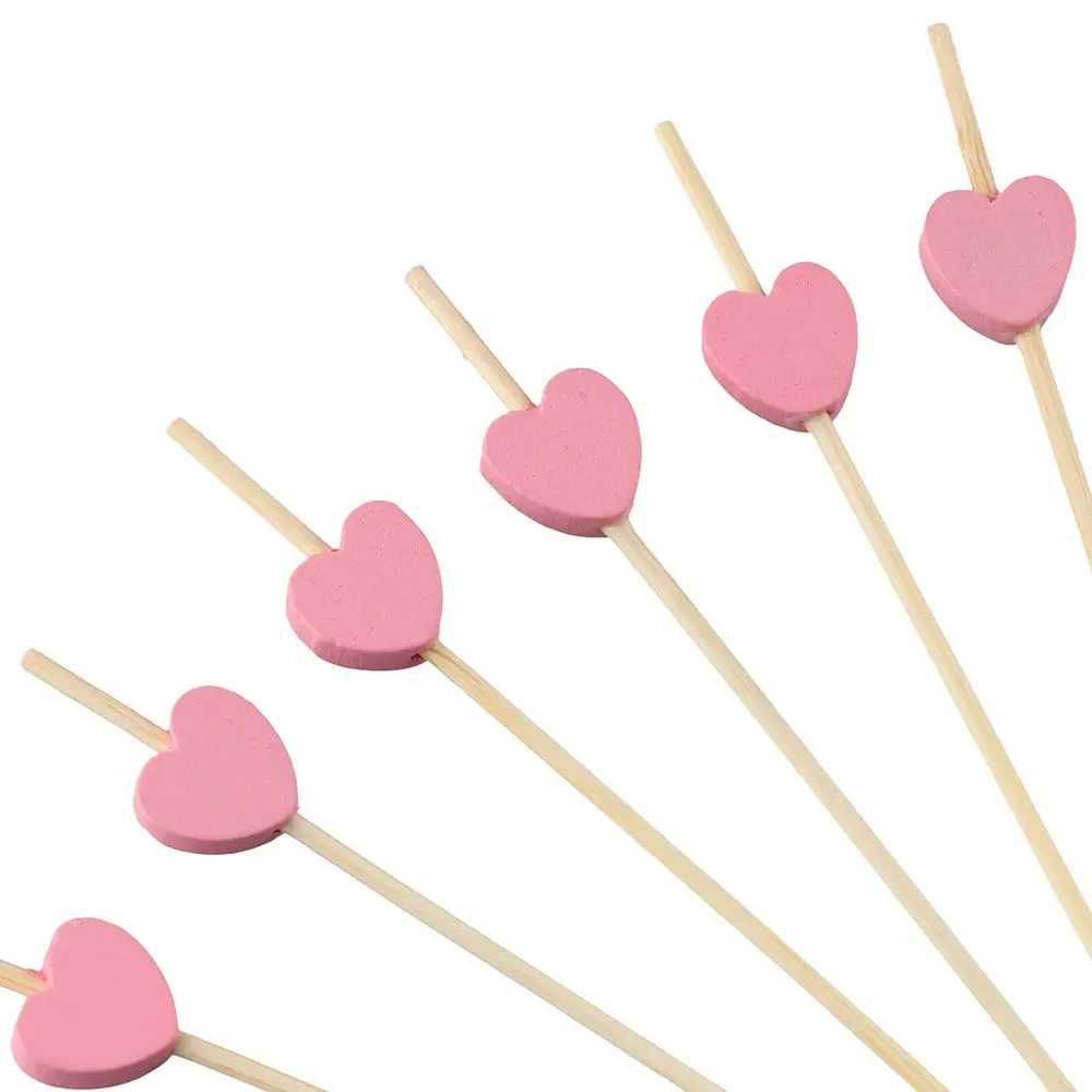 100Pcs Heart-Shaped Fruit Toothpicks Pink Disposable Sushi Stick 4.7 Inch Natural Bamboo Toothpicks