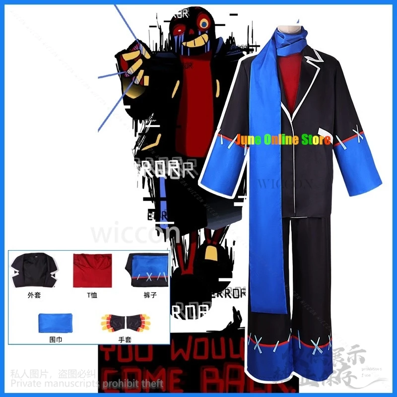 

Anime Game Undertale Cosplay Error Sans Costume Adult Black Uniform Jacket Pants Royal Blue Scarft Halloween Suit Customized