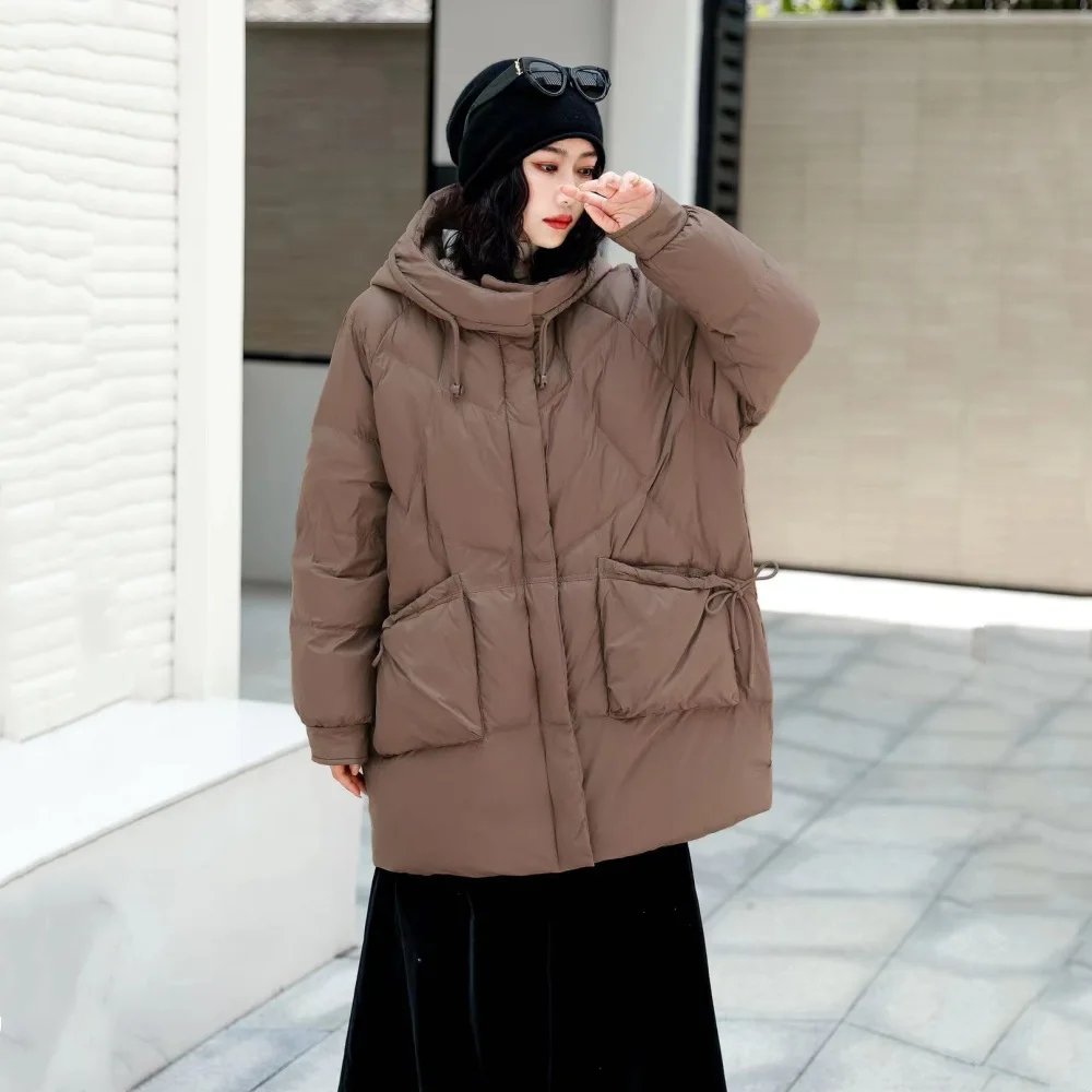 Hooded Puffer Jacket for Women, Thick Warm Overcoat, White Duck Down, Loose, Large Size, Long, Winter, New, 2024