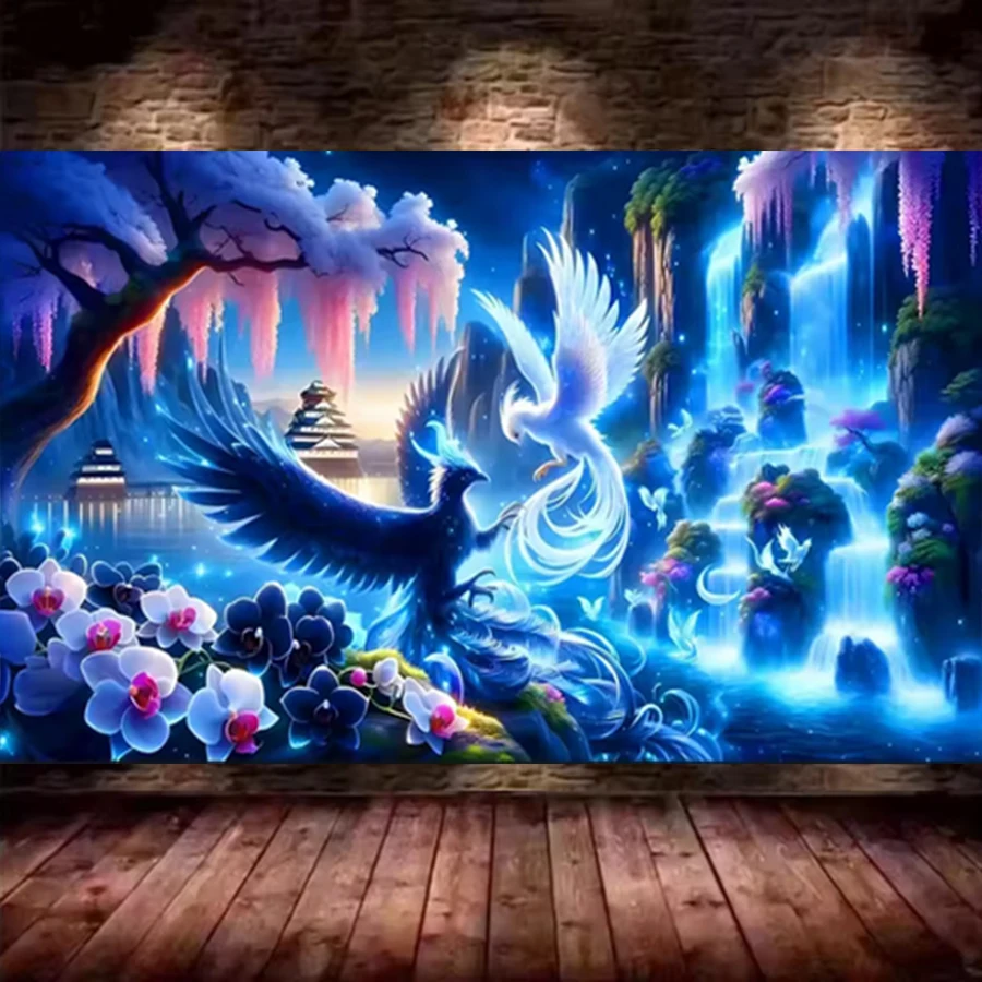 Pintura de diamante 5D DIY, cascada de bosque, orquídea, hermosa Fénix, círculo completo, cuadro bordado cuadrado, decoración del hogar hecha a mano