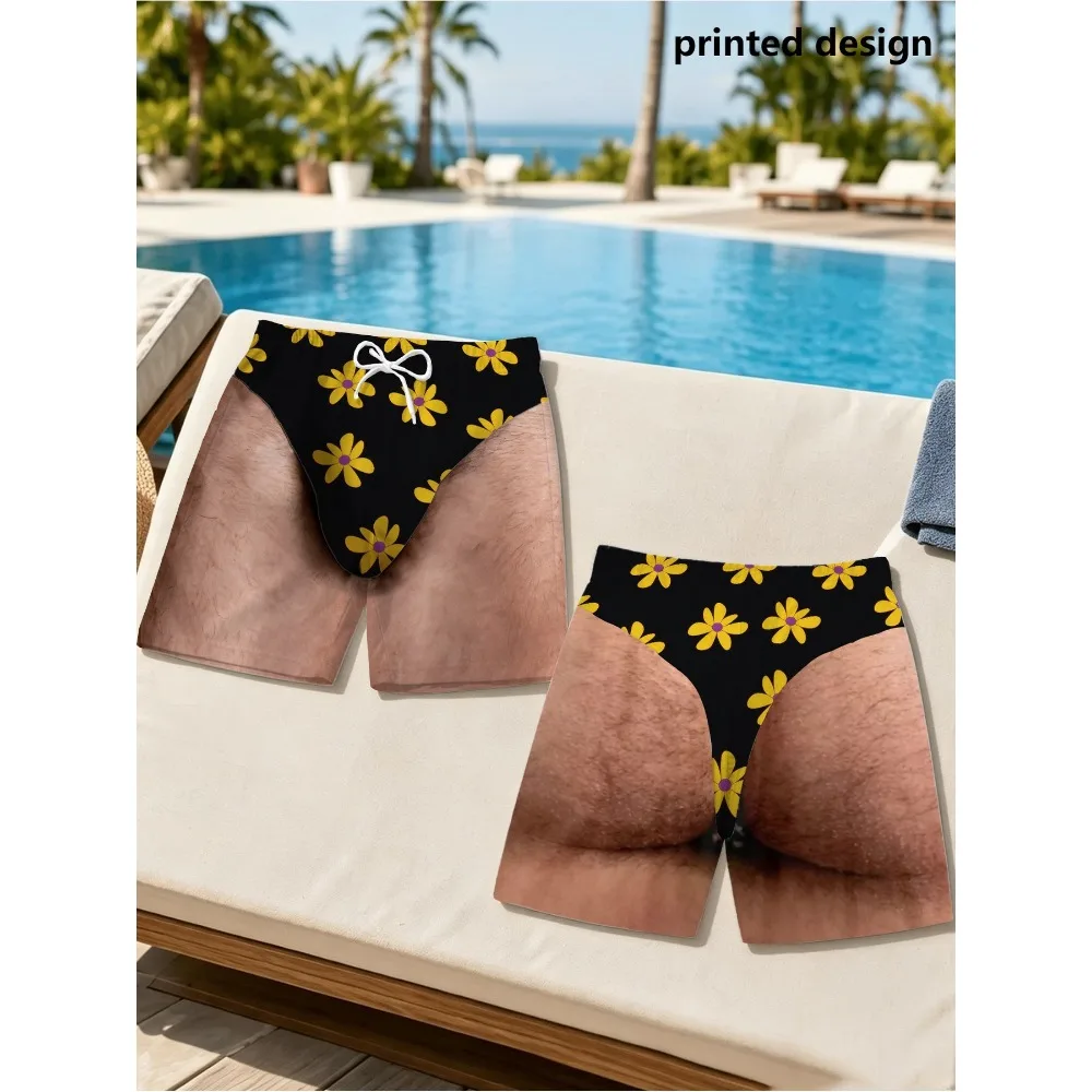 Funny 3D Print Men Swim Trunks Black Yellow Daisy Floral All Over Pattern Novelty Prank Beach Shorts Gag Gift