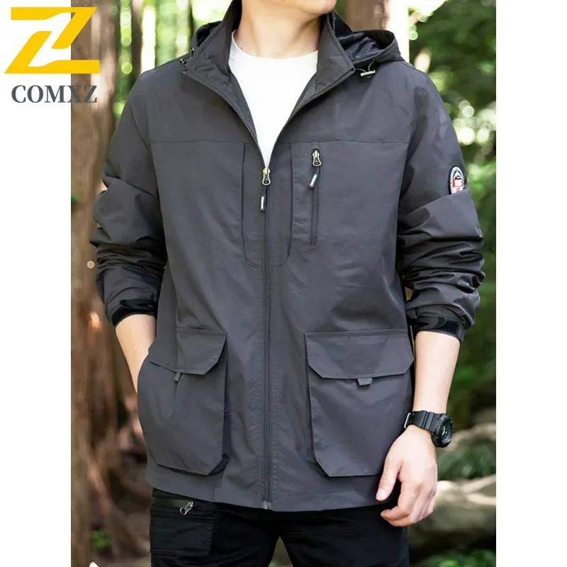 

COMXZ Мужская ветровка, минималистичная куртка с капюшоном и несколькими карманами, уличная повседневная байкерская куртка для кемпинга и пешего туризма, удобное пальто для путешествий