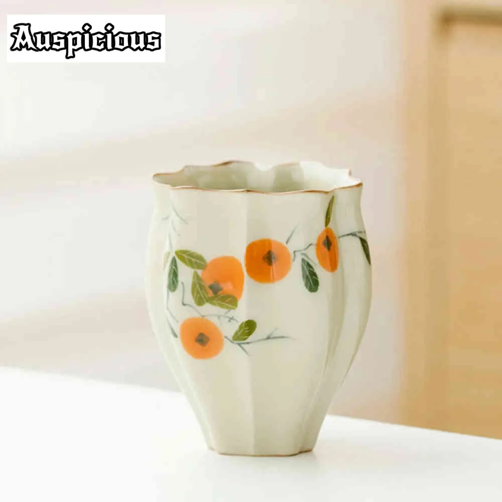2pc/set Pure Hand-painted Persimmon Ceramic Teacup Retro Plant Ash String Moon Fragrant Master Cup Chazhan Kung Fu Teaware 60ml