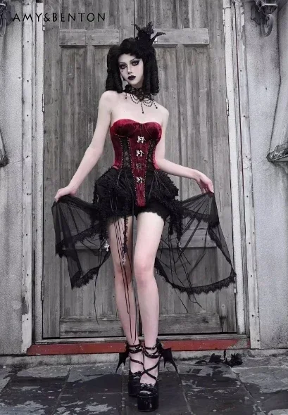 Blood Supply Original Y2K Lolita Fishbone Strap Corset Three-piece Subculture Sexy Strapless Top Irregular Mesh Skirt Shorts