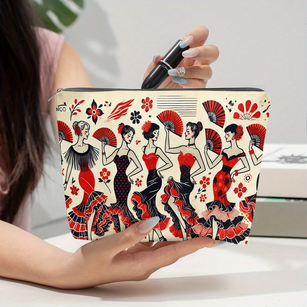 Flamingo Dancer Print Makeup Bag Spanish Folk Dance Cosmetic Pouch Travel Zipper Storage Pouch Gift For Dance Lovers