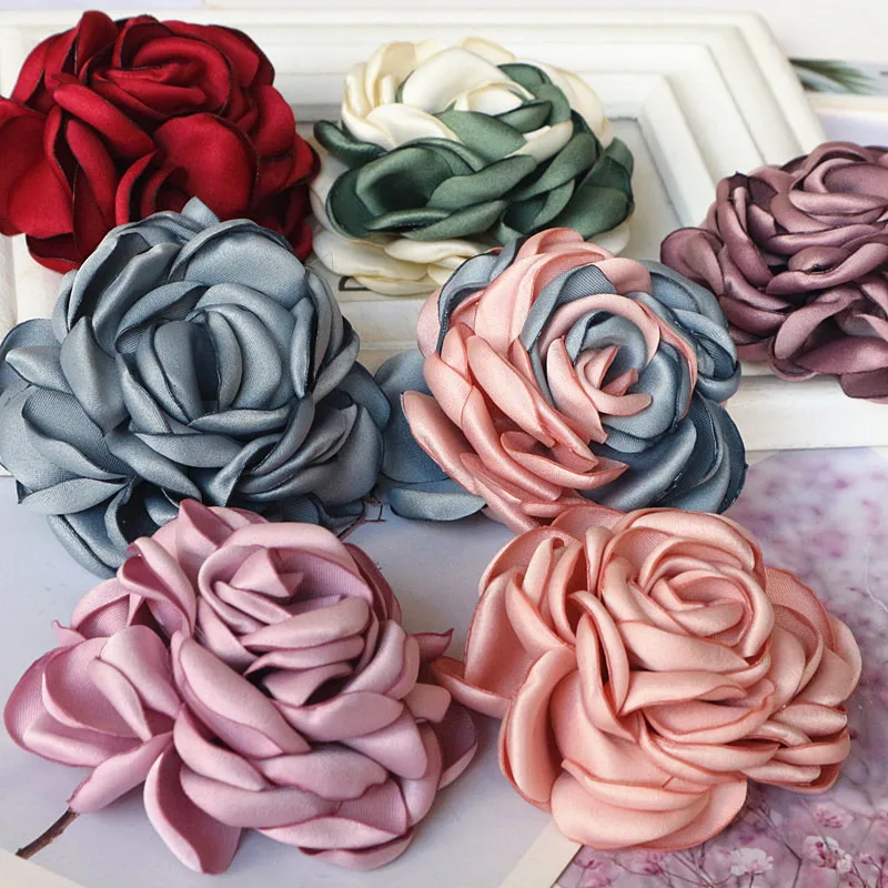 5PCS/Lot 8CM Large Satin Fabric Artificial Rose Flowers For Hats Dress Clothing Decoration DIY Brooches Hair Accessories