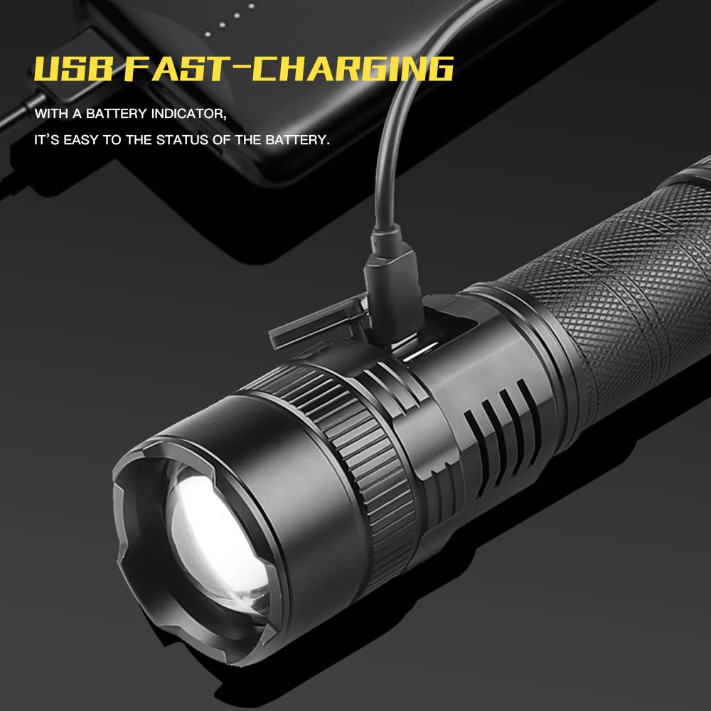 Imagem -04 - Usb Lanterna Led Recarregável Zoomable High Lumens Tocha Tática Impermeável ao ar Livre Camping Caminhadas Pesca P90