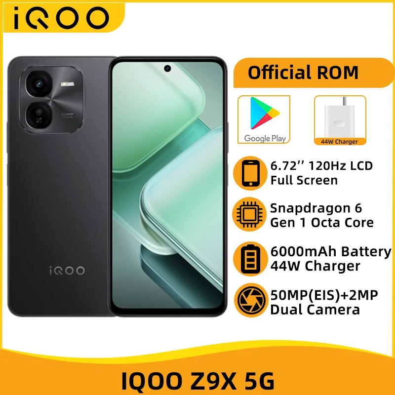 IQOO Z9X 5G 휴대폰, 6.72 인치 120Hz LCD 화면, Snapdragon 6 Gen1 6000mAh 배터리, 44W 고속 충전기, 50MP 듀얼 카메라 