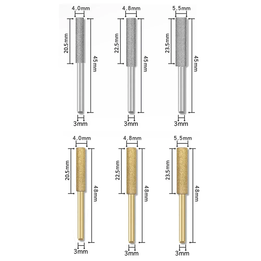 4 peças de apontador de motosserra de esmeril, cabeça de moagem revestida de diamante, rebarba cilíndrica 4.0/4.8/5.5mm, acessórios de ferramentas de moagem de arquivo