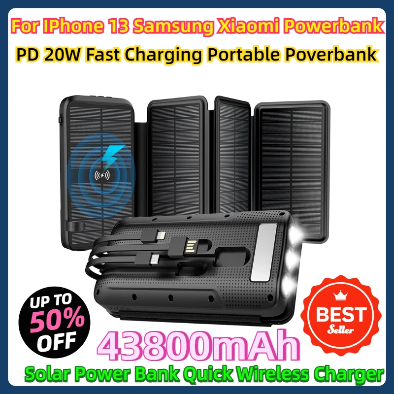 

For IPhone 13 Samsung Xiaomi Powerbank PD 20W Fast Charging Portable Poverbank 43800mAh Solar Power Bank Quick Wireless Charger