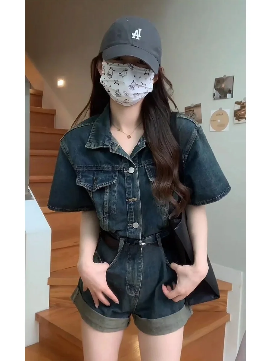 Retro Hong Kong Style Women's Denim Overalls Shorts Thin Loose Fit Summer Fashion plus Size Slimming Pants High Waist Straigh...