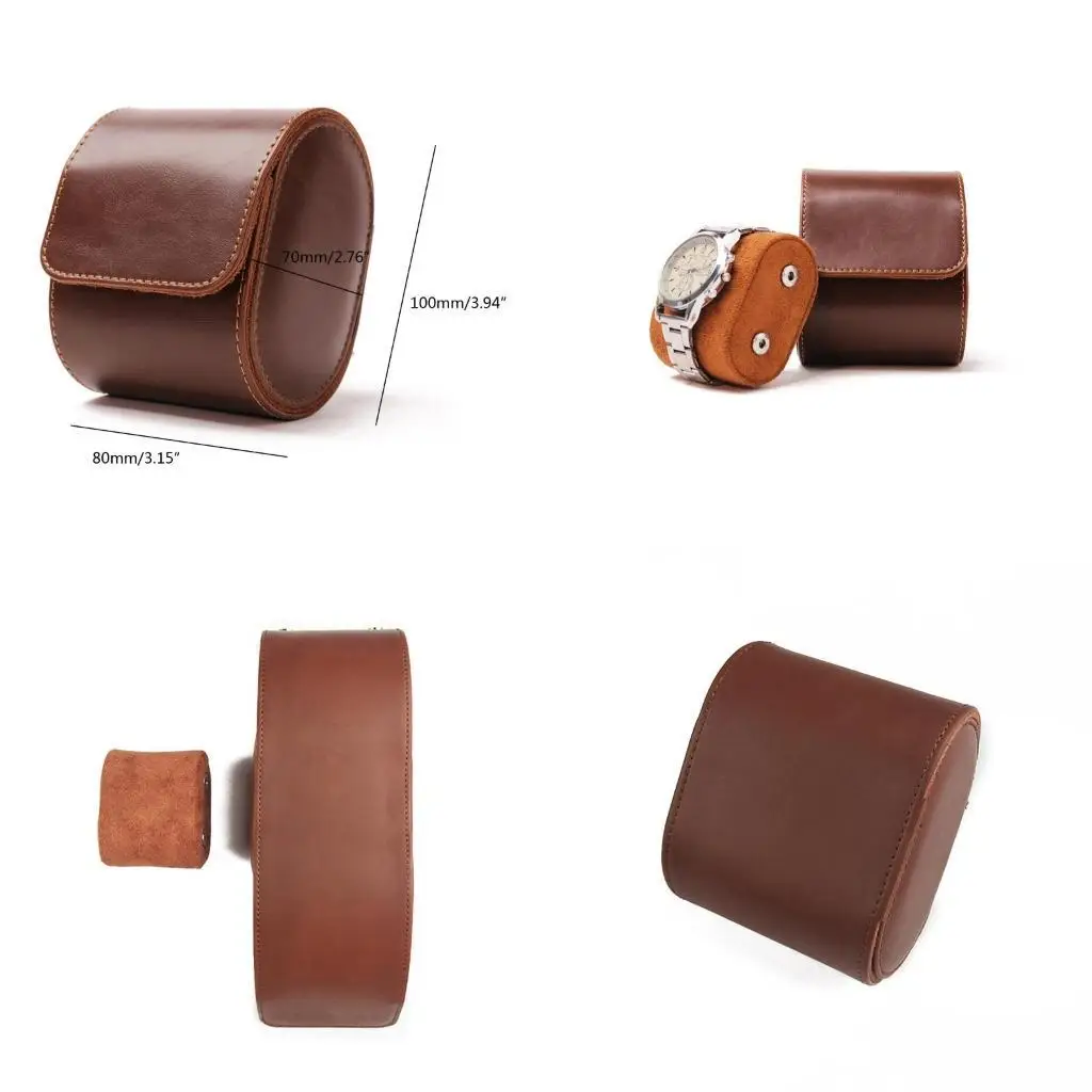 

R1WE Brown Elegant PU Leather Watch Storage Box Travels Single Watch for Men or Women
