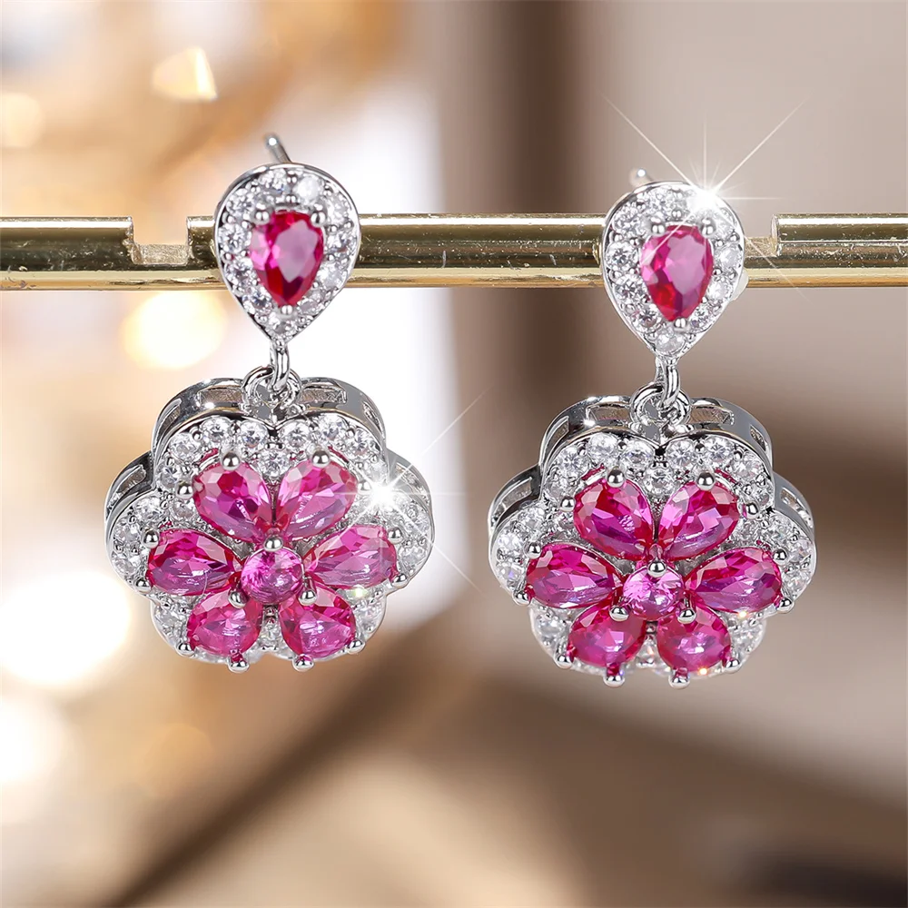Small Flower Pendant Stud Earring Rose Red Crystal Water Drop Stone Earrings For Women Trendy Silver Color Jewelry Wedding Gifts