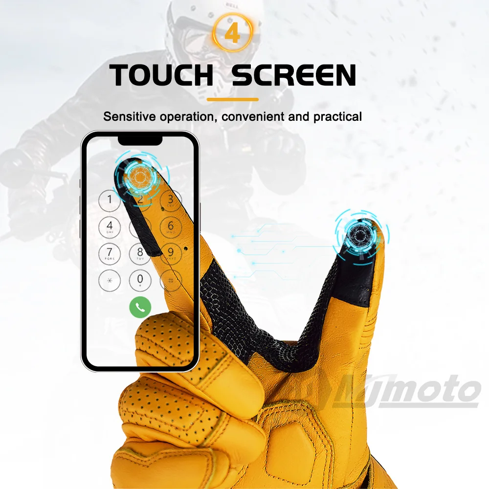 Guanti da moto retrò in pelle di capra gialla guanti Touch Screen moto Motocross guanti da corsa perforazione estiva traspirante