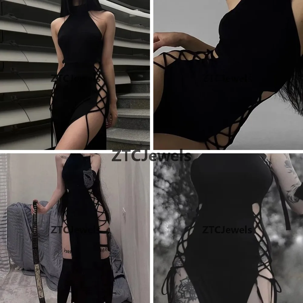 

Gothic Cosplay Hollow Strap Black Long Skirt High Waist Lace Up Sleeveless Dress Cyberpunk Nightclub Party Costume