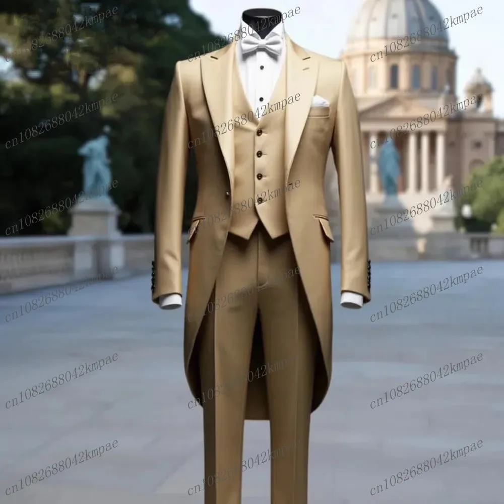 

New Champagne Long Jacket Business Formal Men Suit Groom Groomsman Wedding Party Prom Male Tuxedos 3 Piece Set Blazer Vest Pants