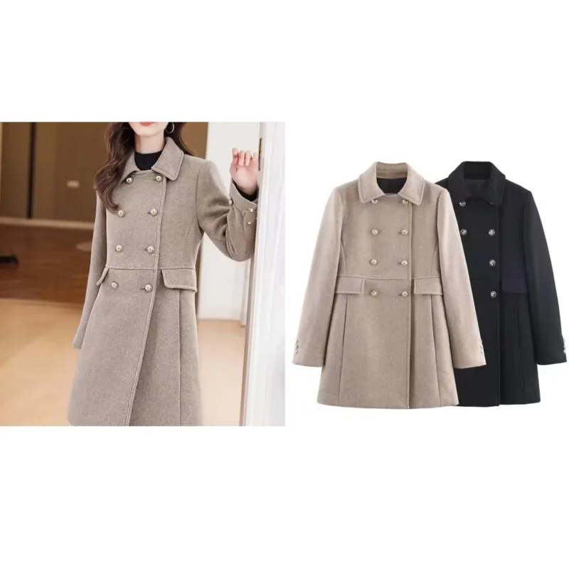 

Двубортное пальто из смеси шерсти, женская осенне-зимняя куртка с отложным воротником и длинными рукавами, повседневная модная женская верхняя одежда