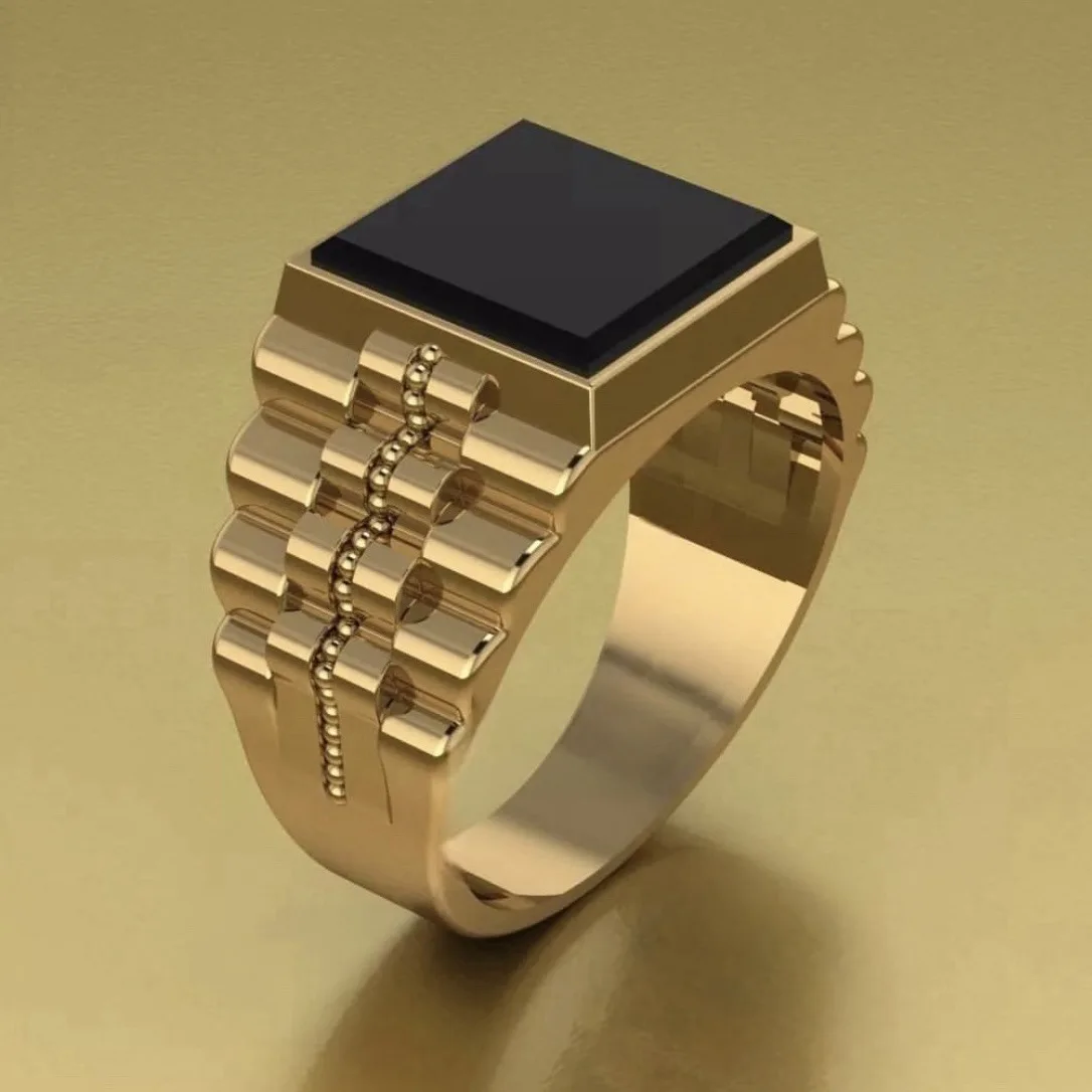 

Men's ring, golden-plated with black square gemstone jewelry, Halloween gift.