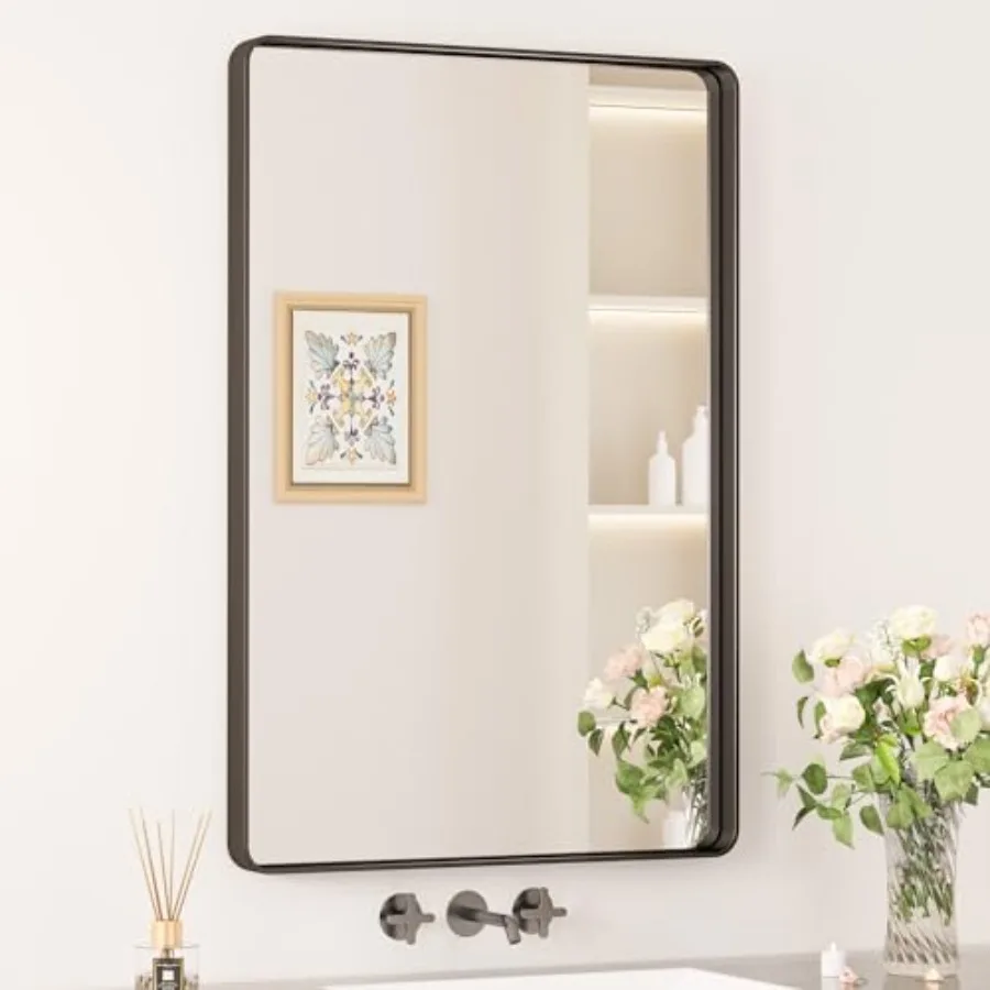 

Black Bathroom Mirror for Vanity, 24" x 36" Metal Framed Rounded Rectangle Farmhouse Mirror, Tempered Glass, Anti-Rust Sandblas