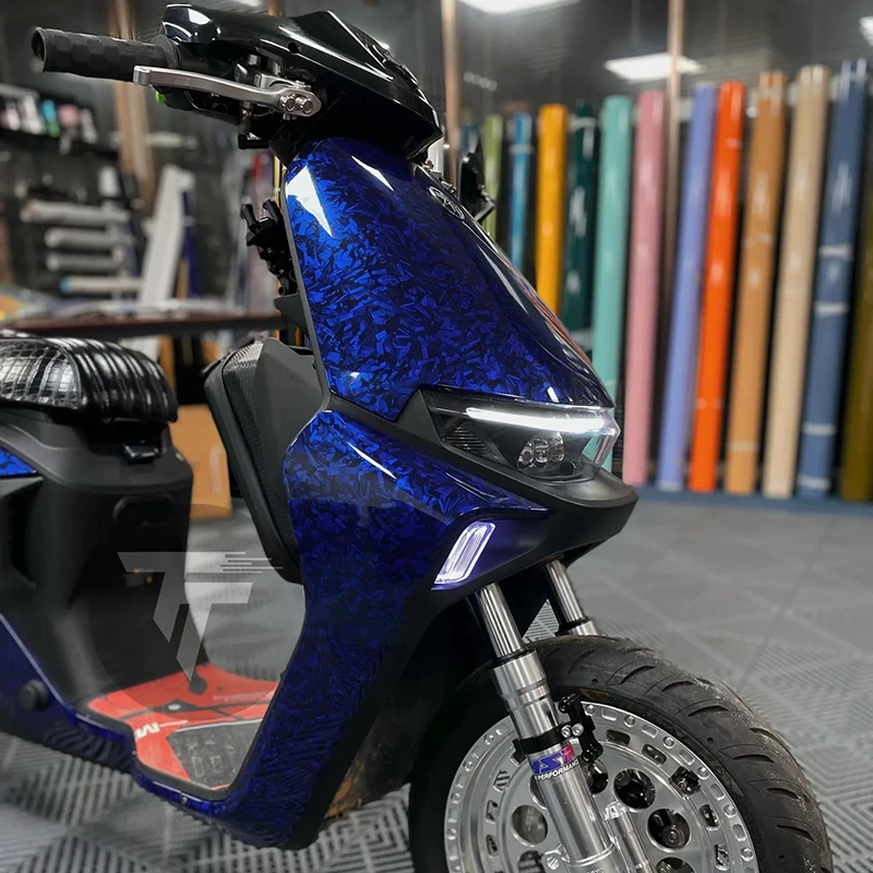 Premium PET High Gloss Blue Forged Carbon Fiber Vinyl Wrap Film Roll Air Release Self Adhesive Car Decal Sticker Wrapping