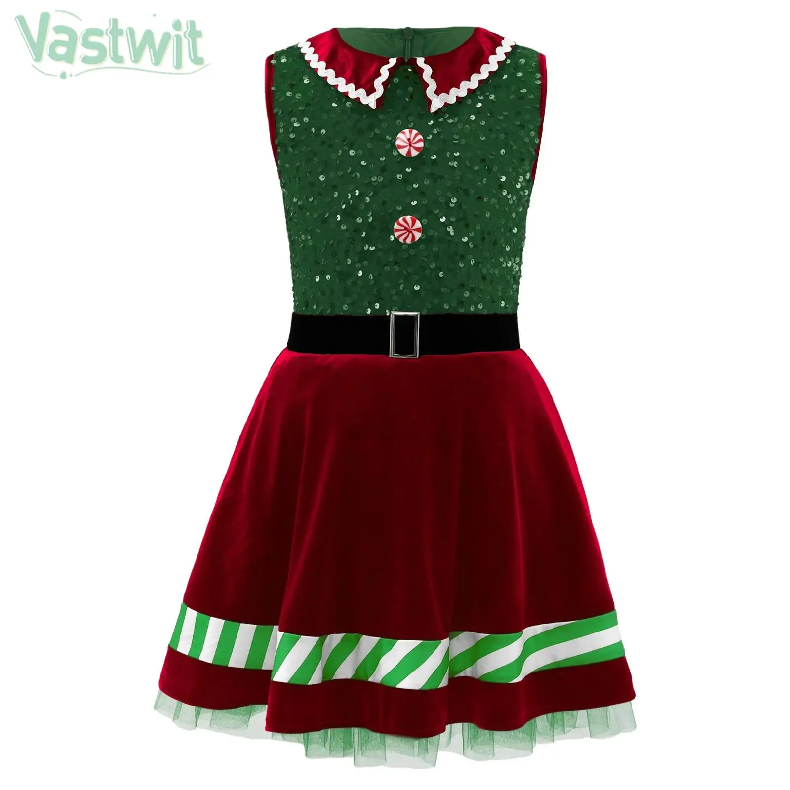 

Детский Рождественский костюм эльфа Санта-помощника для девочек, карнавальный костюм без рукавов с блестящими пайетками, сетчатое платье-пачка на молнии, рождественское праздничное платье