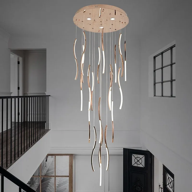 Modern simple villa chandelier, light luxury duplex building with high living room rotating staircase chandelier