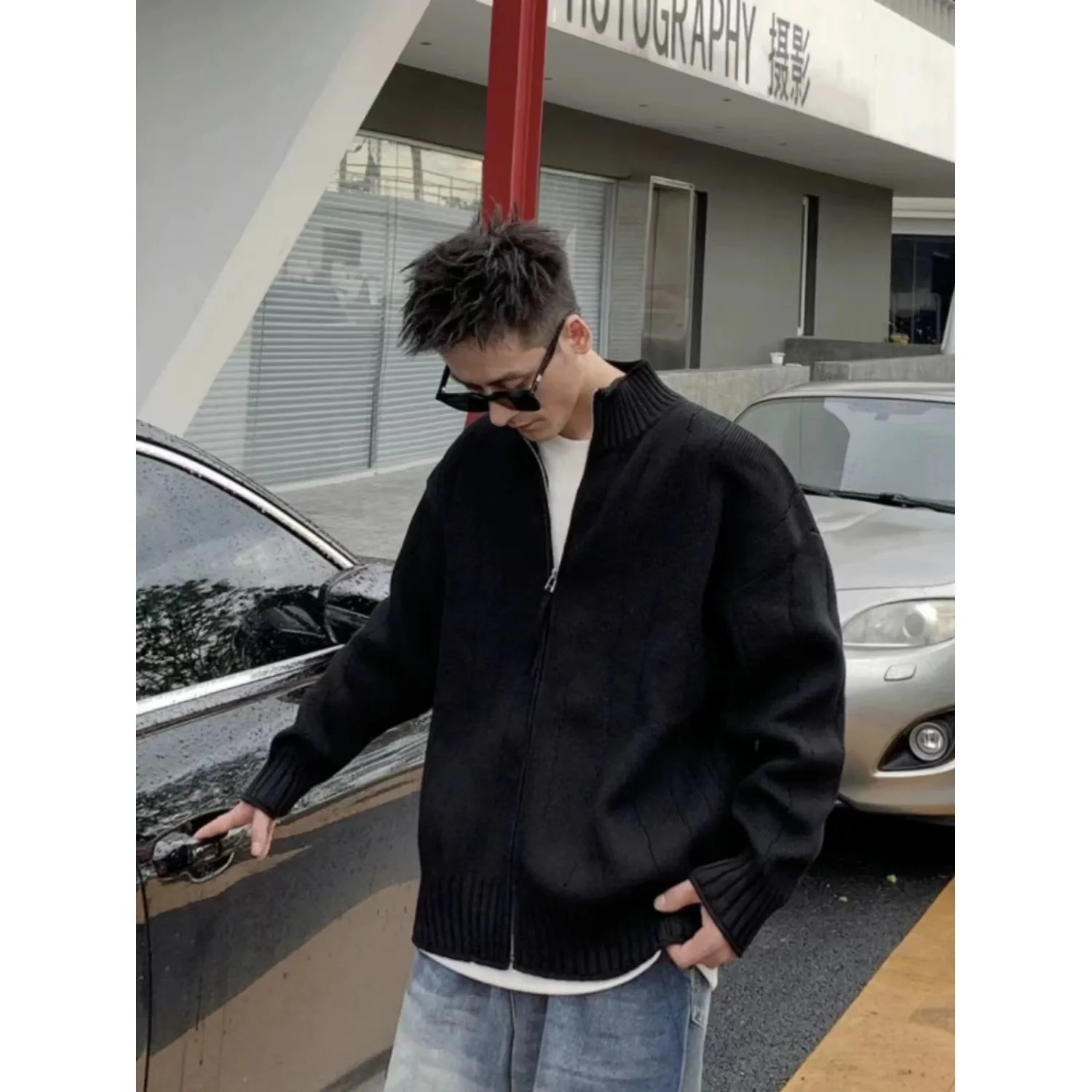 

Loose Casual Knitted Cardigan Coat for Men Autumn Winter Large Size Long Sve Stand Collar Sweater Outerwear Polyester Fiber