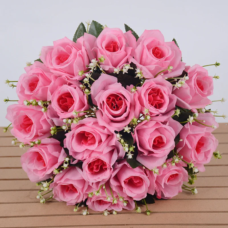 18-köpfe simulierte Rosensträuße, rote Rose, künstliche Blumen für Hochzeitsdekorationen, Bräute mit Blumen, Heimdekorationen – Detail 7