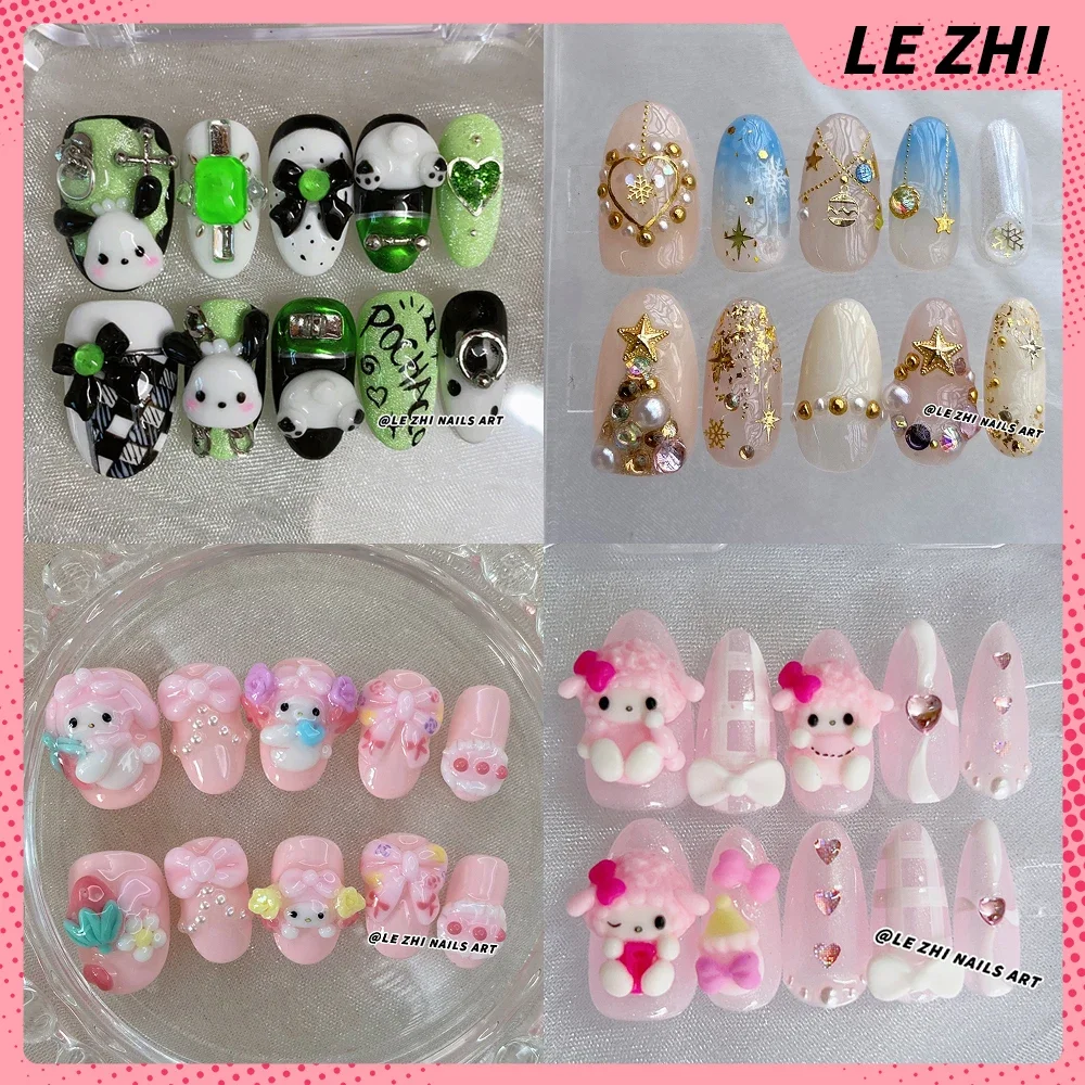 

Short Almond Press On Nails Handwork Diy Doll Hello Kitty Cinnamoroll Mymelody Kuromi Pochacco Cute Nails Art Party Stickers