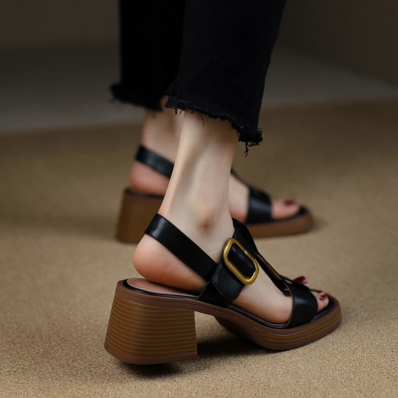 Brand Genuine Cow Leather Sandals Block Mid Heels Women Roma Sandals Open Toe Retro Buckle Sandals Ankle Strap 2023 Trend