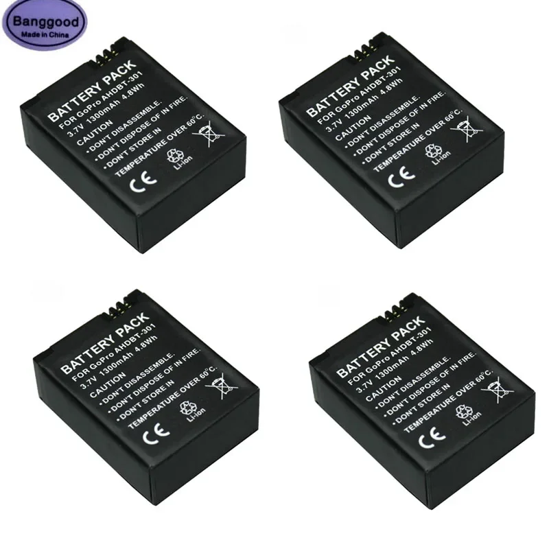 

Lot 4pcs 3.7V 1300mAh 4.8Wh AHDBT-301 AHDBT 301 AHDBT301 Sport Digital Camera Battery for GoPro HERO3+ HERO3 AHDBT-201 AHDBT-302