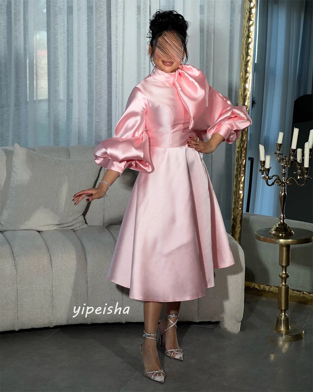 Robe de Soirée en Satin avec Nministériels d Drapé, Ligne A, Col Haut, sur Mesure, pour Occasions, Midi