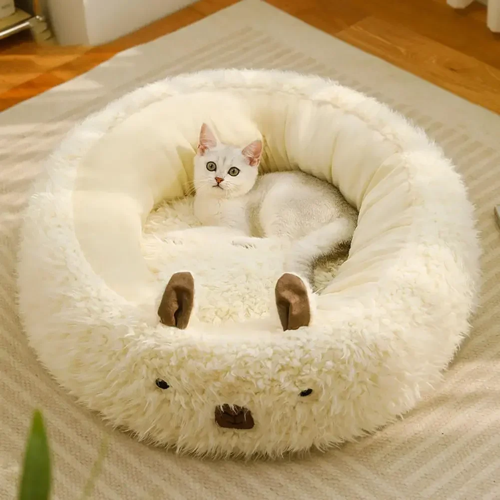 Warm Pet Sofa Bed for Small Self-Warming Dods and Cats Soft Long Plush Alpaca Comfortable Shape Cat Sleeping Bed Donut Pet Bed