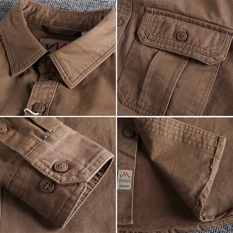 Autumn New Japanese Retro Long-Sleeve Lapel Woven Cargo Shirt Men's Simple 100% Cotton Washed Double Pocket Casual Youth Blouses
