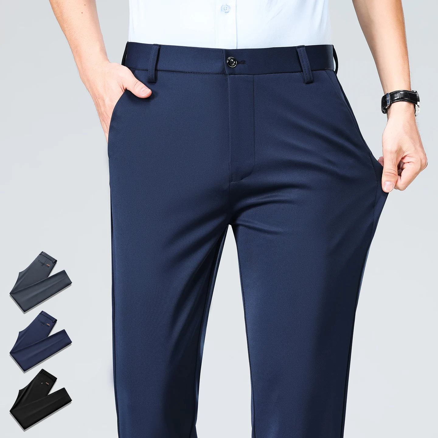 2026 New Summer Thin High Stretch Suit Pants Men Business Slim Straight Office Work Black Formal Trousers Man Plus Size 40 42