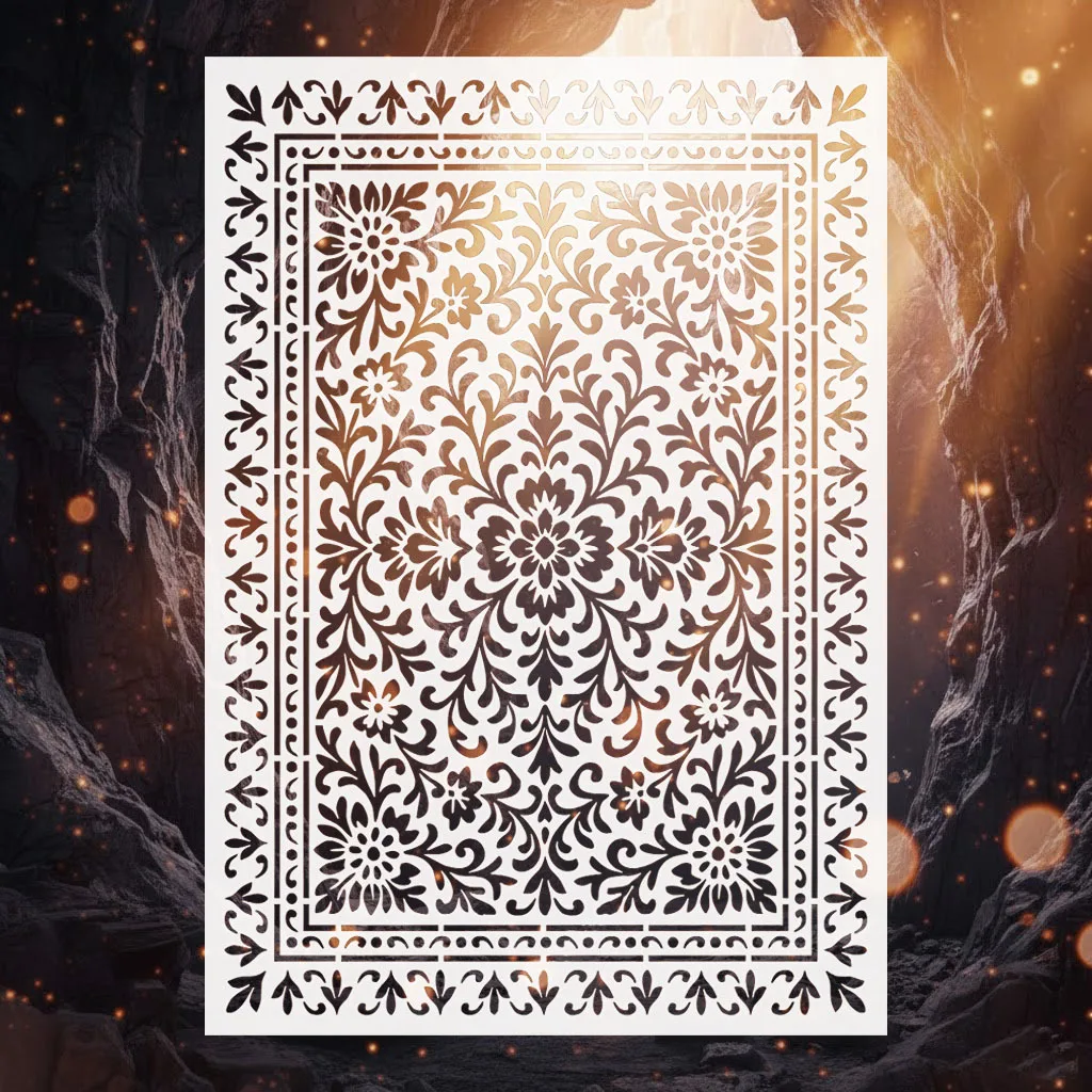 1Pc A4 Vintage Damask Stencil Reusable PET Floral Border Painting Drawing Template for Wall Floor Furniture DIY Home Decor