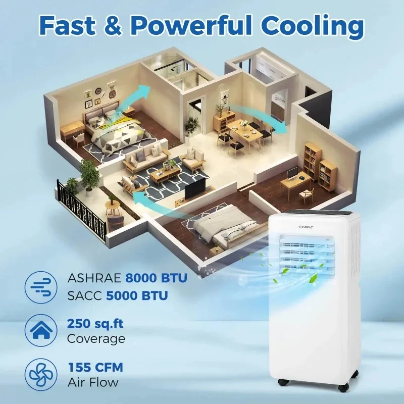 2026 8000 BTU Portable Air Conditioner 3-in-1 with Air Cooler Fan And Dehumidifier for Efficient Climate Control