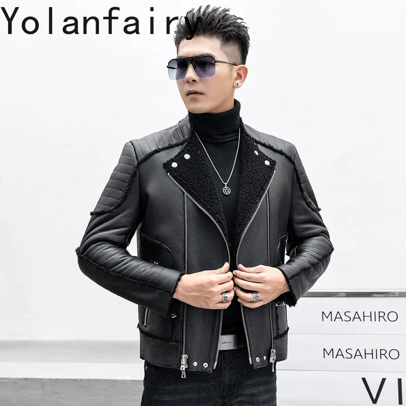 YOLANFAIRY جديد فاخر الشتاء الصوف الطبيعي معطف الفرو رجل قصير دافئ الرجال دراجة نارية سترة جلدية حقيقية معاطف جلد الغنم الحقيقي