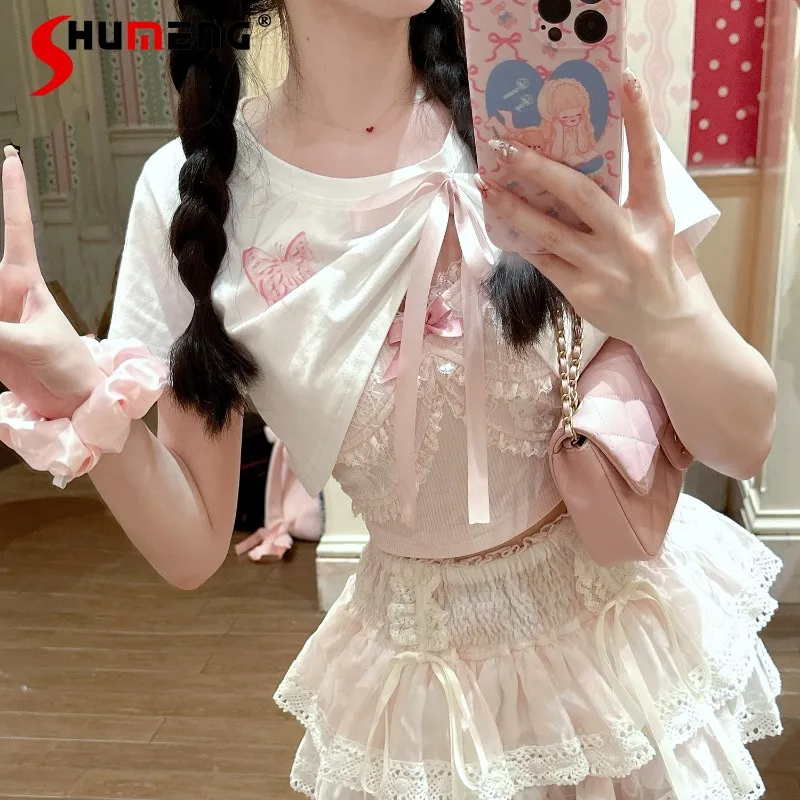 Summer 2024 French Style Lucky Butterfly Lace Sweet Cute Slimming Strap Camisoles Two-Way Wear T-shirt Blouse Women's Clothing