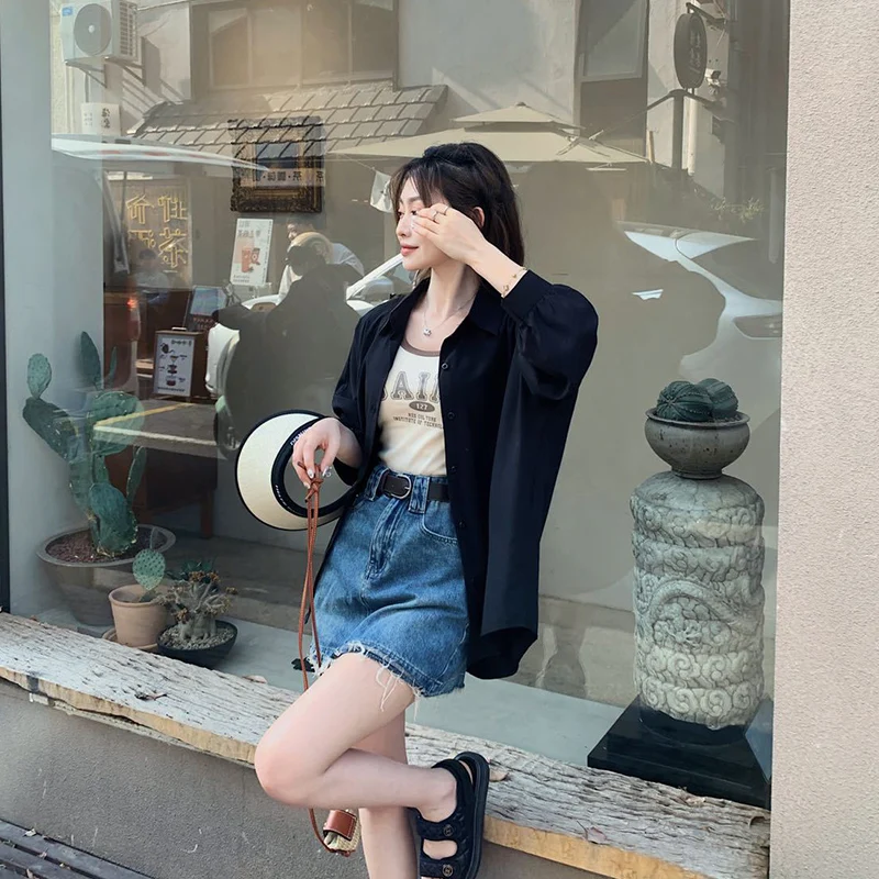 الحلوى اللون الحلو رقيقة قمصان النساء ربيع الخريف المتخصصة تصميم عصري زر قمم Ins نمط فضفاض رفض طوق قميص