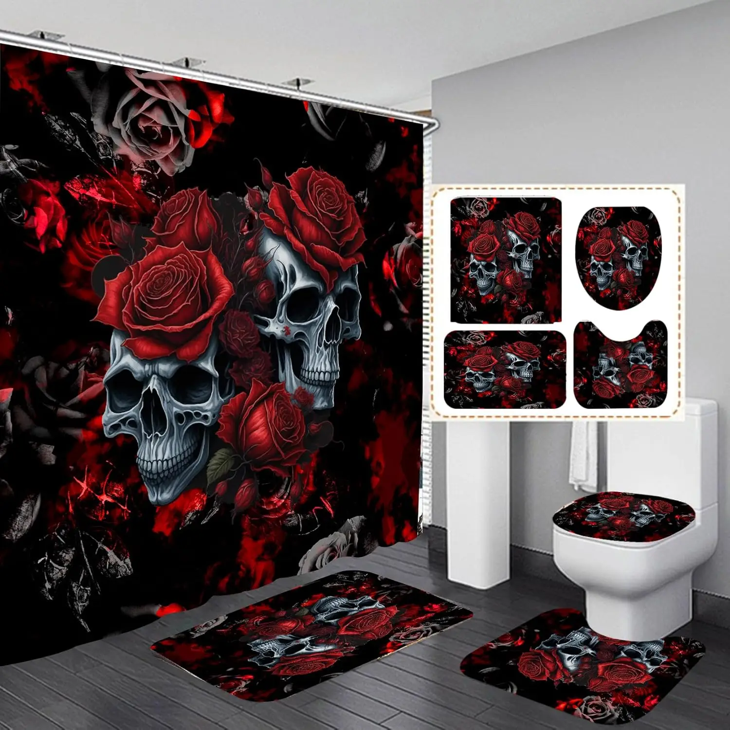 

4Pcs Skull Shower Curtain Set, Helloween Red Rose Skull Shower Curtain Set Non-Slip Rug,Toilet Lid Cover,U Shape Mat,Waterproof