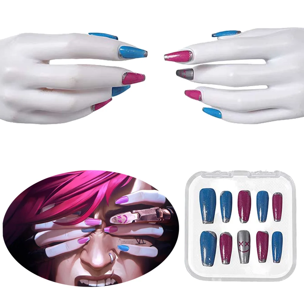 

Jinx Nail Beauty Cosplay Manicure Nail Printing Blue Pink False Nails Game LoL TV 2 Jinx Nail Art Halloween Party Hand Props