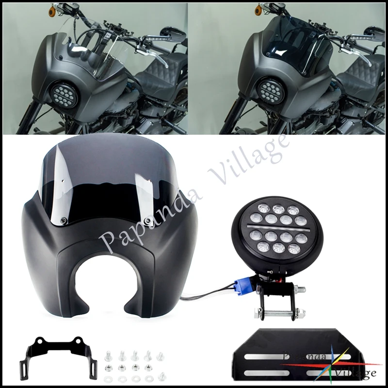 Motorcycle LED Headlight w/ Extension Bracket Front Fairing Wind Screen For Harley Softail Low Rider S 114 117 FXLRS 2020-2022