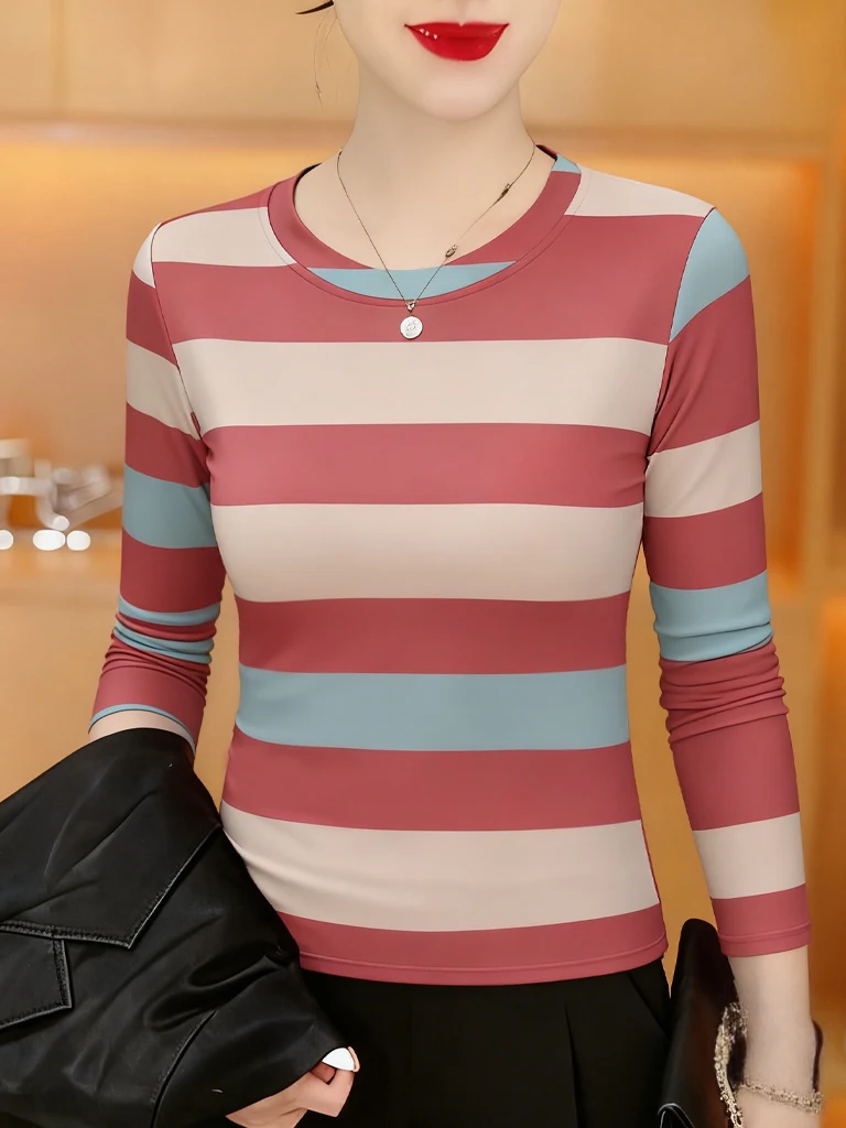 

Элегантная женская футболка с длинным рукавом в полоску, облегающая, модная, универсальная, для мам, дышащий топ из полиэфирного волокна