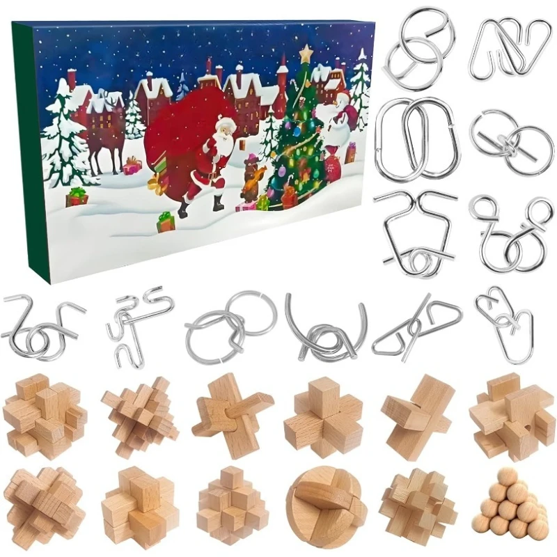 

Christmas Countdown Box with IQ Logic Puzzles for Kids Teens & Adults 12 Metal & 12 Wooden Teaser Puzzles Logic Test Gifts